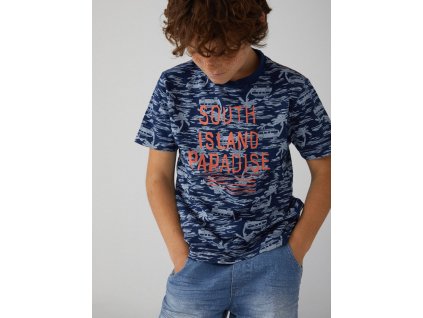 Tmavě modré tričko kluk krátký rukáv surf 100% bavlna boboli 5190499308 model svítivý nápis