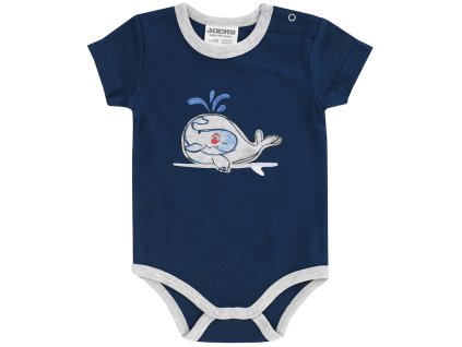 Kojenecké body s krátkým rukávem tmavě modré navy nášivka Velryba šedé lemy body 100% bavlna pro chlapečka Jacky 1512320 0 3500 a