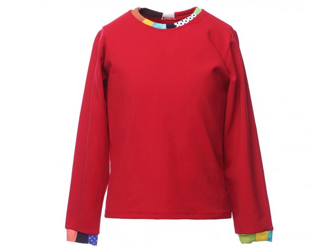 Dětské červené tričko s dlouhým rukávem barevný patchwork Barcelona art a