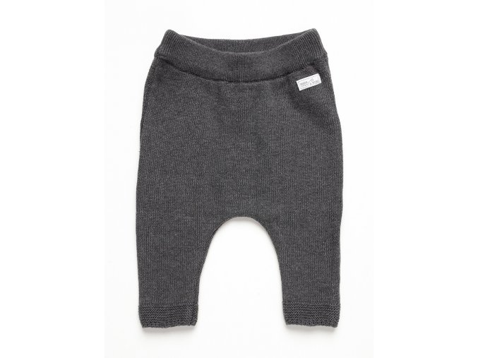 Dětské kalhoty pro miminko z jemné pletené příze antracitové barvy s drobnou nášivkou Něco si přej (Make a wish). OECO-TEX certifikát.