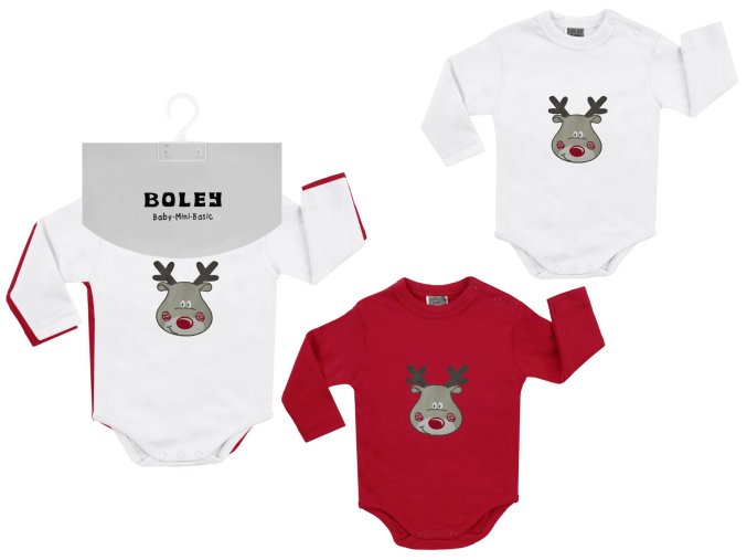 Dvě dětská body s dlouhým rukávem z jemné bílé a červené bavlny, a s roztomilým potiskem soba (Vánoční/ zimní motivy). Unisex.