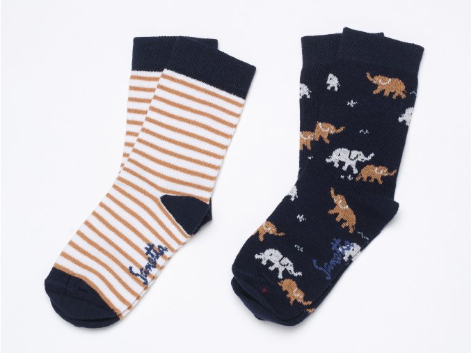Dětské ponožky pro kluka tmavě modré béžové pruhované zvířátka slůně Ewers K 14269