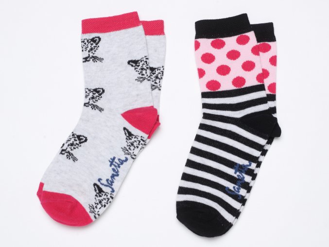 Dívčí ponožky s kočičkou puntíkaté pruhované bavlna růžové černé šedé Holčičí ponožky růžové Ewers