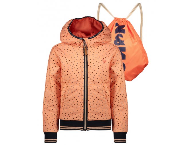 Dívčí lehká bunda s pytlem batůžkem oranžová růžová jarní bunda větrovka Papaya/broskev s puntíky NoNo holka sportovní bunda N202 5200 530 a