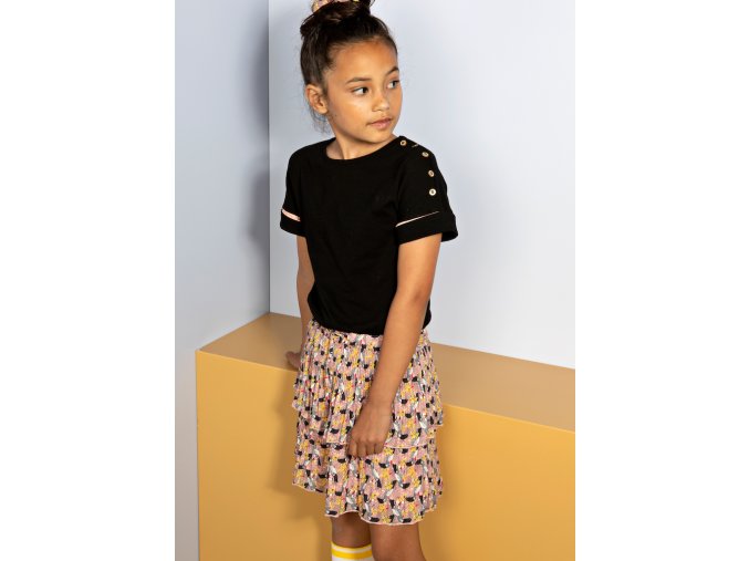 Dívčí kombinované šaty s krátkým rukávem jaro léto černý top/sukně s potiskem růžová žlutá NoNo holka N202 5805 242 modelka v šatech