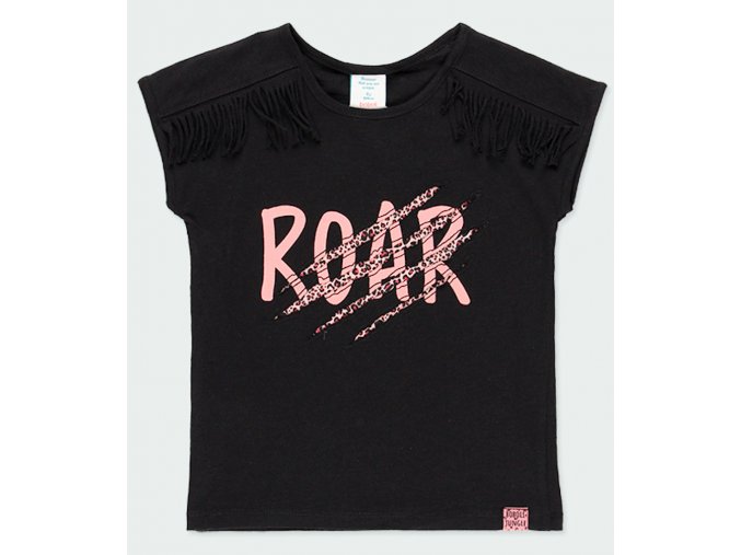 Dívčí tričko černé s třásněmi Roar černý top pro holku krátký rukáv bavlna gepard rozpárané holka Boboli 404154890 a