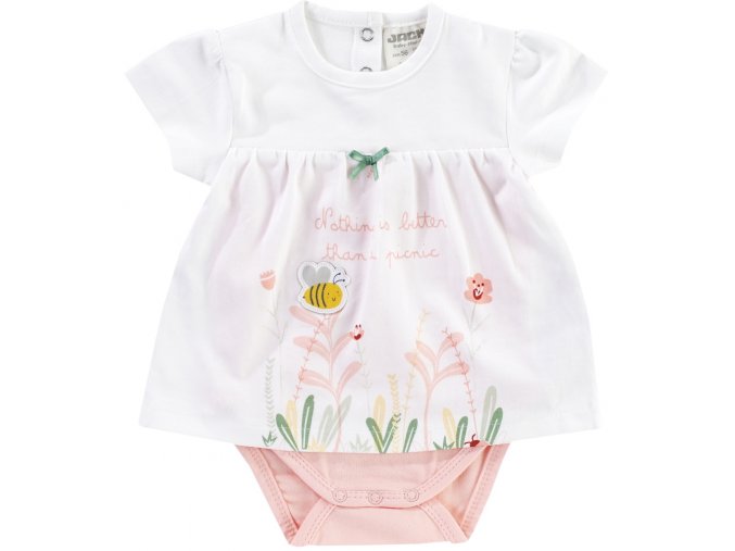 Bavlněné šaty pro mimi holčičku bílé růžové šatičky s krátkým rukávem Kojenecké body se šatičkami Veselá včelka růžovobílé Jacky 1512160 1021