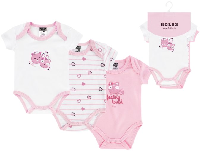 Kojenecké body růžové Kočička (3 ks) bílé růžové body pro holčičku měsíček 100% bavlna Boley 6151205 0 9940 a