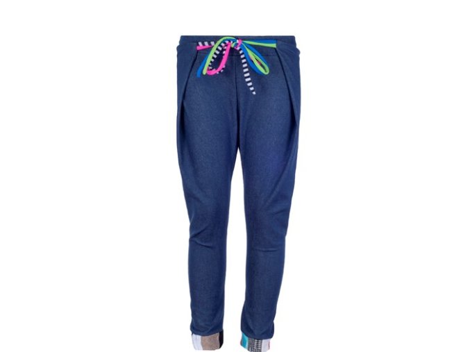 Designové tepláky modré denim barevný patchwork stahování prodyšné lehké tepláky unisex Art design Španělsko Antonio Lobato 11A PANTALON ZAGAL VAQUERO OSCURO sportovni kalhoty patchwork denim modre