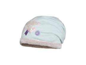 Dívčí zimní čepice tvaru beanie, s chlupatým kožíškem a pevným lemem, zdobená velkou hvězdou se třpytivými písmeny.