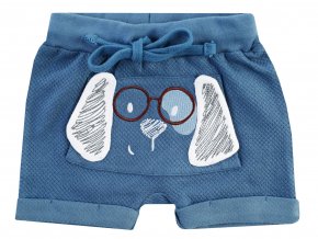 Jacky Modré šortky pro chlapečka z vaflového piké s hravou 3D výšivkou pejska s odklápěcíma ušima klokaní kapsa