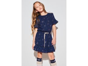 Dívčí šaty tmavě modré s měděnými tečkami holand Nono tmavomodré elegantní šaty pro holku letní lehké vzdušné recyklované udržitelná móda N112 5808 110 model