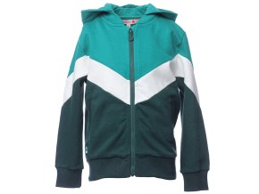 Dětská mikina na zip s odepínatelnou kapucí v zeleno-bílé barvě.