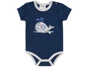 Kojenecké body s krátkým rukávem tmavě modré navy nášivka Velryba šedé lemy body 100% bavlna pro chlapečka Jacky 1512320 0 3500 a