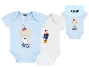 Kojenecké body bílé a modré Kapitán (2 ks) 100% bavlna body s krátkým rukávem pro chlapečka Méďa 6151213 0 9950 a