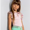 Dívčí tričko top fialový s barevným rukávem stříškový rukáv volánky blůza halenka kulatý límeček výstřih na knoflíčky bavlna žebrované tričko lila pro holky NoNo N202 5406 603 modelka