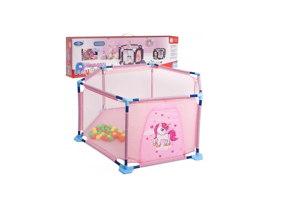 Růžová dětská ohrádka s obrázkem jednorožce a plastovými míčky uvnitř