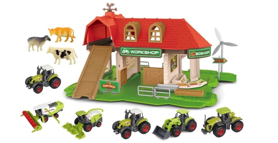 Farmářská herní sada s garáží, traktory, zemědělskými stroji a zvířátky