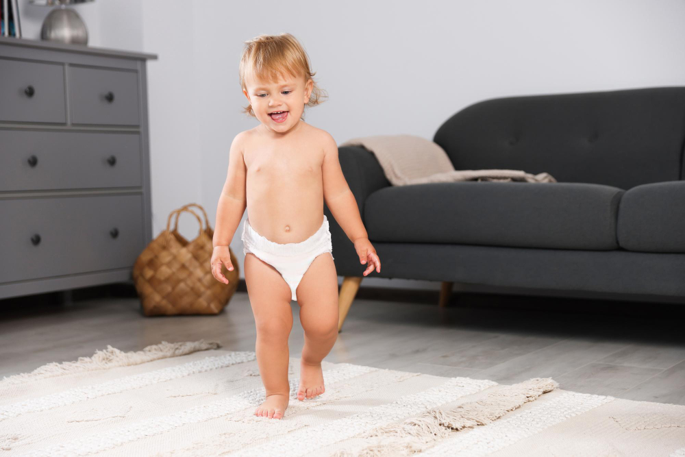Usměvavé batole v plence chodí po obývacím pokoji na koberci.