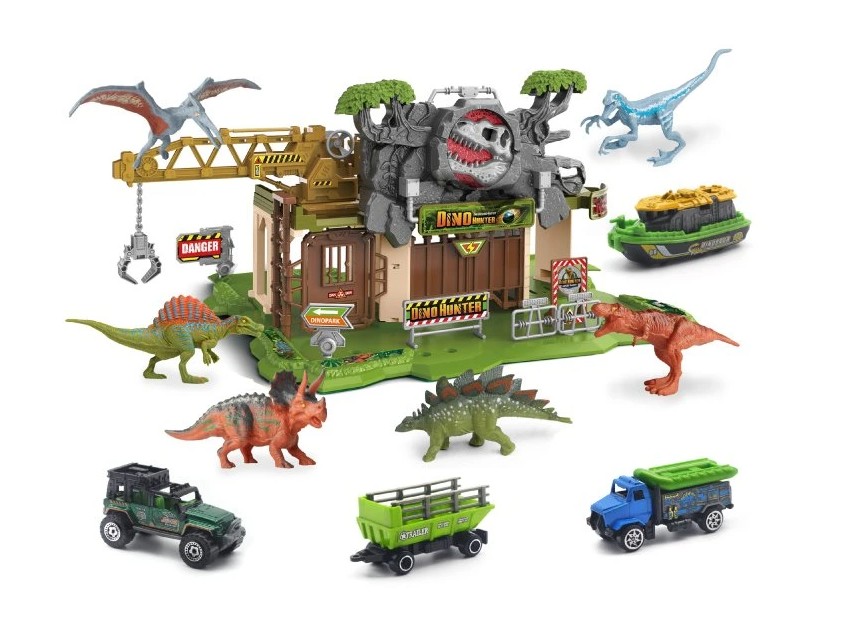 Dinosauří herní sada s garáží, figurkami dinosaurů a malými autíčky