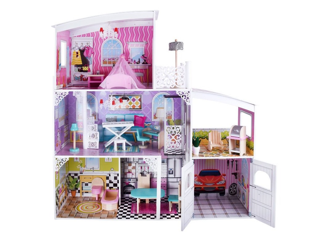 Obrovský dřevěný domeček pro panenky s garáži a nábytkem