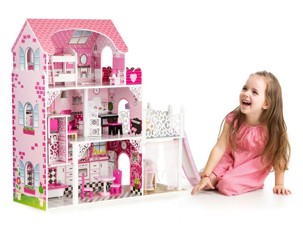 Velký dřevěný domeček pro panenky s výtahem a skluzavkou