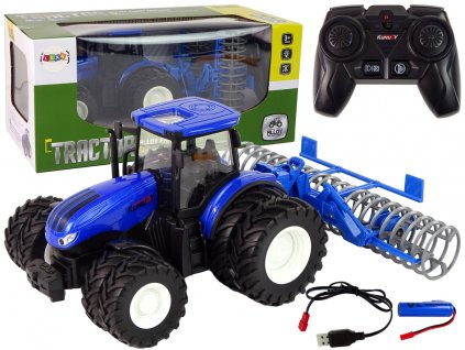 Traktor s kultivátorem na dálkové ovládání 1:24 modrý