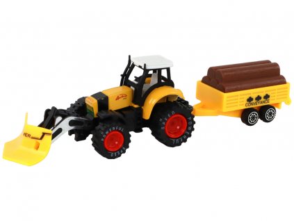Traktor s přívěsem na dřevo žlutý