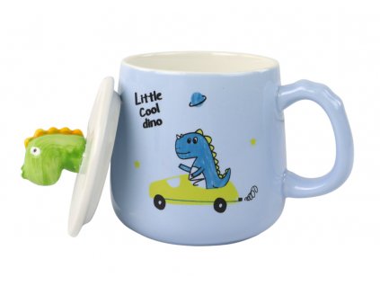 Hrneček Dinosaurus v autíčku se lžičkou a víčkem modrý
