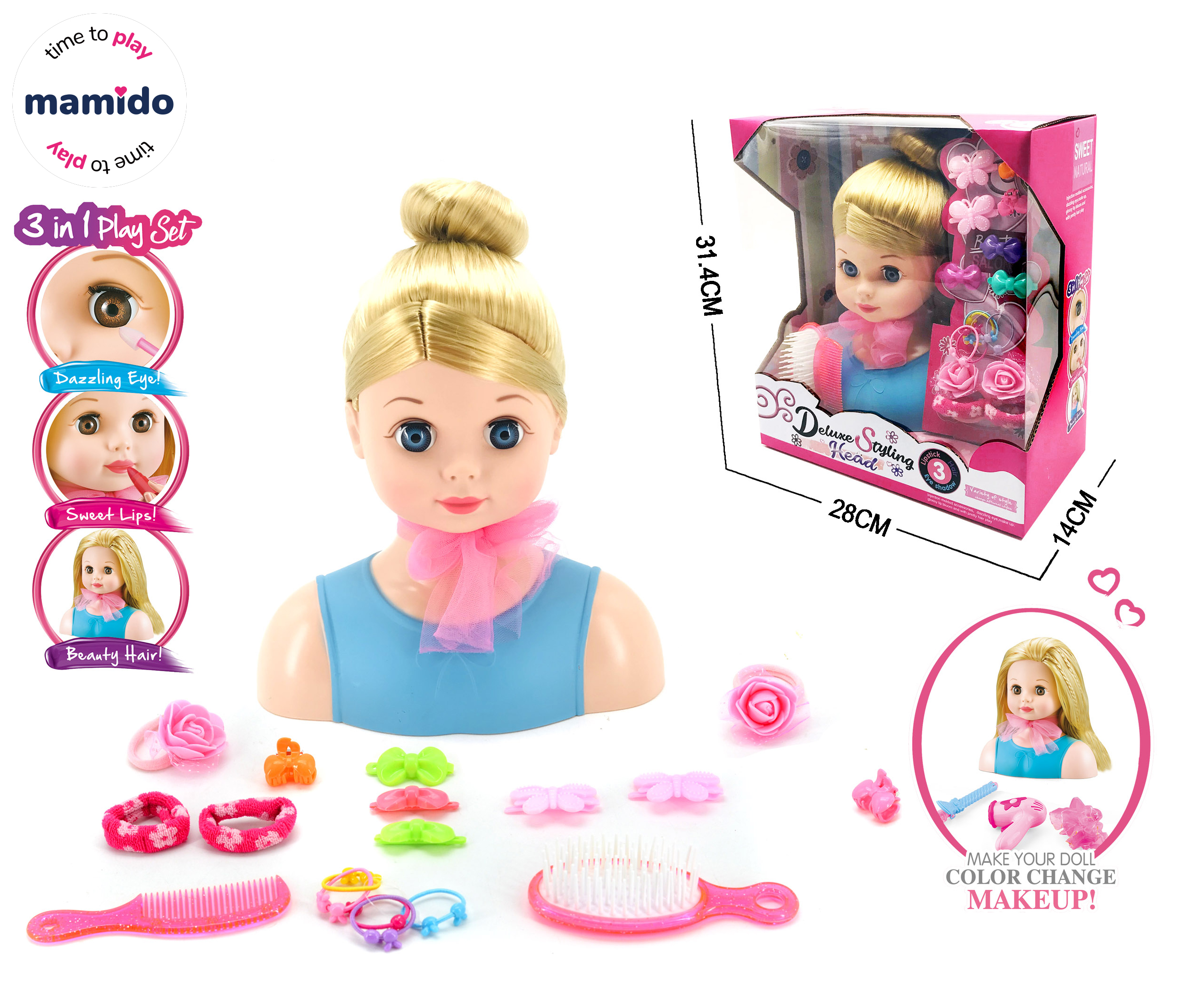 Levně Mamido Česací hlava s doplňky a make-up modrá, blondýna