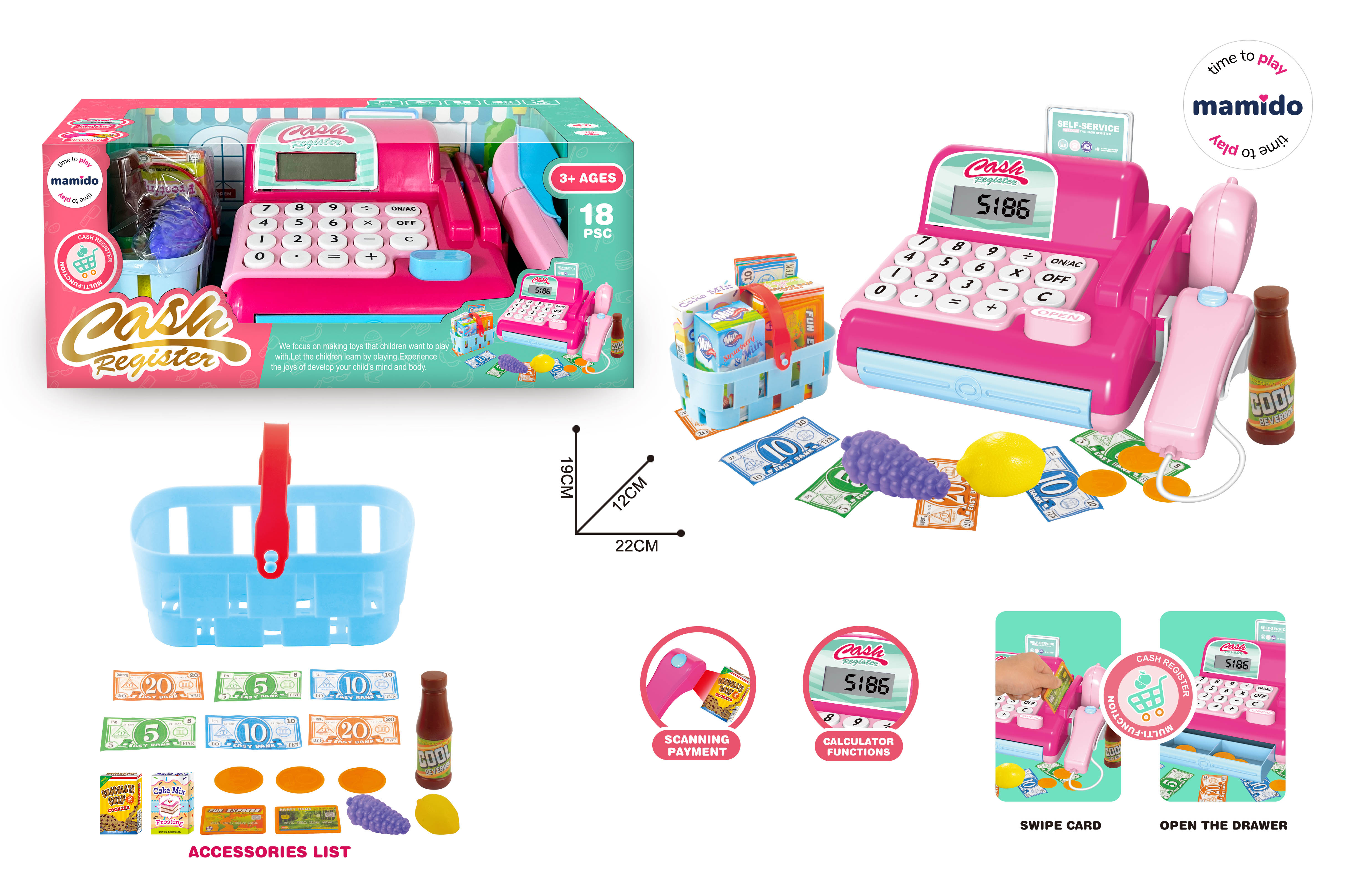 Mamido Dětská pokladna s nákupním košíkem a potravinami růžová 18ks kalkulačka