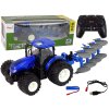 Traktor na dálkové ovládání 1:24 s kovovým pluhem modrý