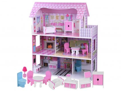 Dřevěný domeček pro panenky s LED osvětlením růžový01