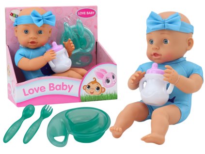 Bábika Bábätko s čelenkou a príslušenstvom na kŕmenie modrá