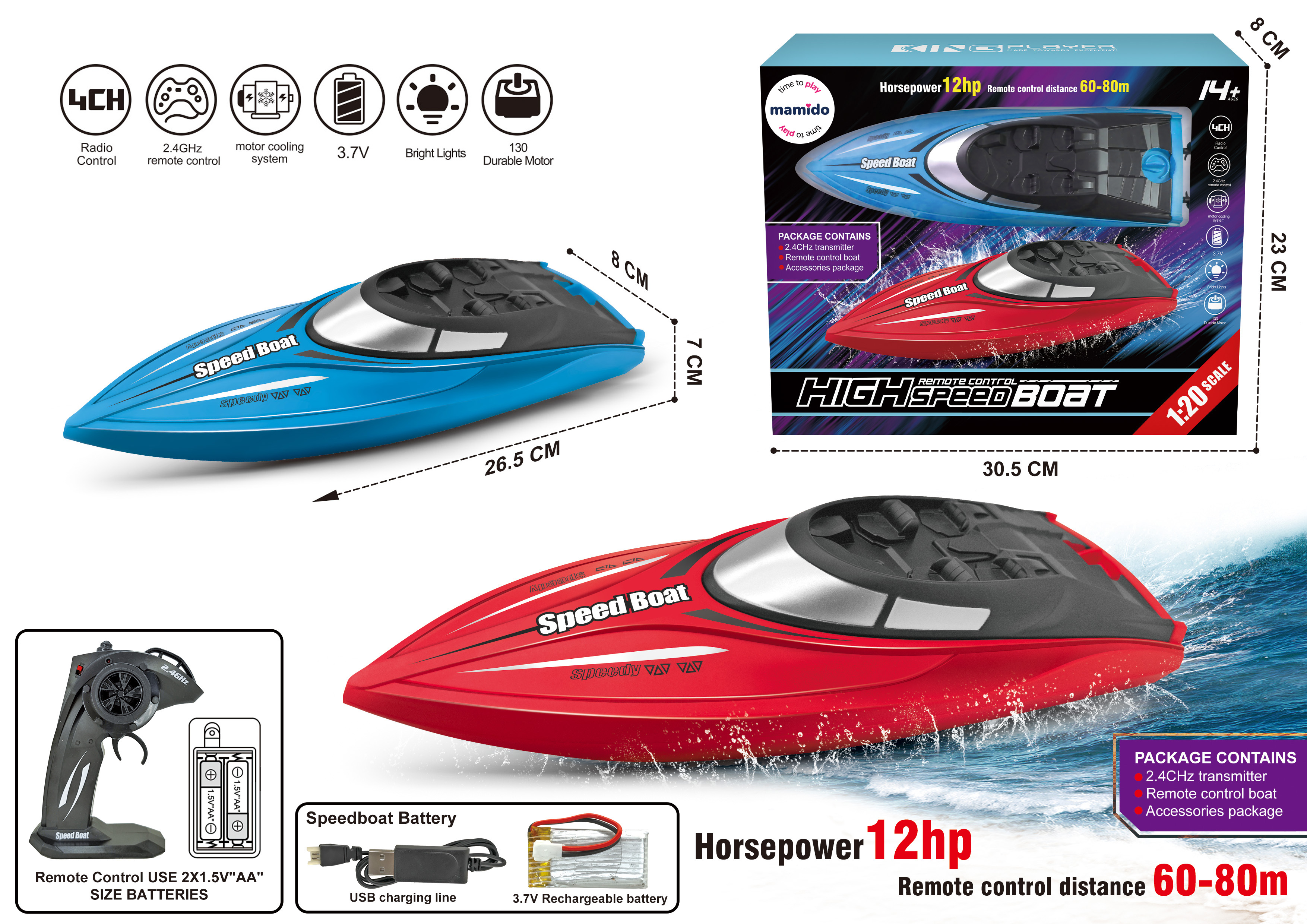 Mamido  Mamido Loď na diaľkové ovládanie High Speed Boat modrá, 12HP, 80 m