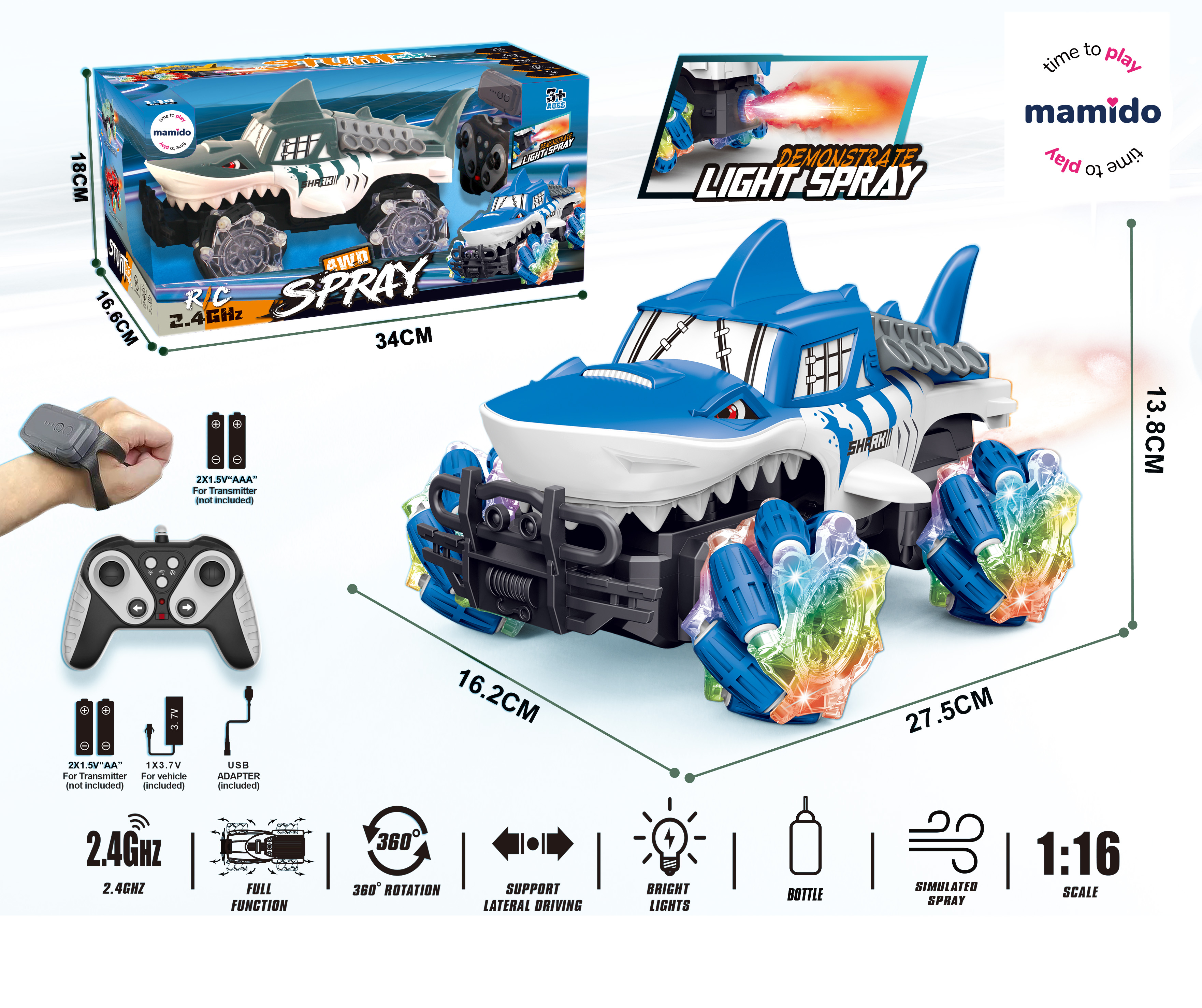 Mamido  Mamido RC auto na diaľkové ovládanie 1:16 Žralok Kaskadér modré, Ovládanie Hodinkami