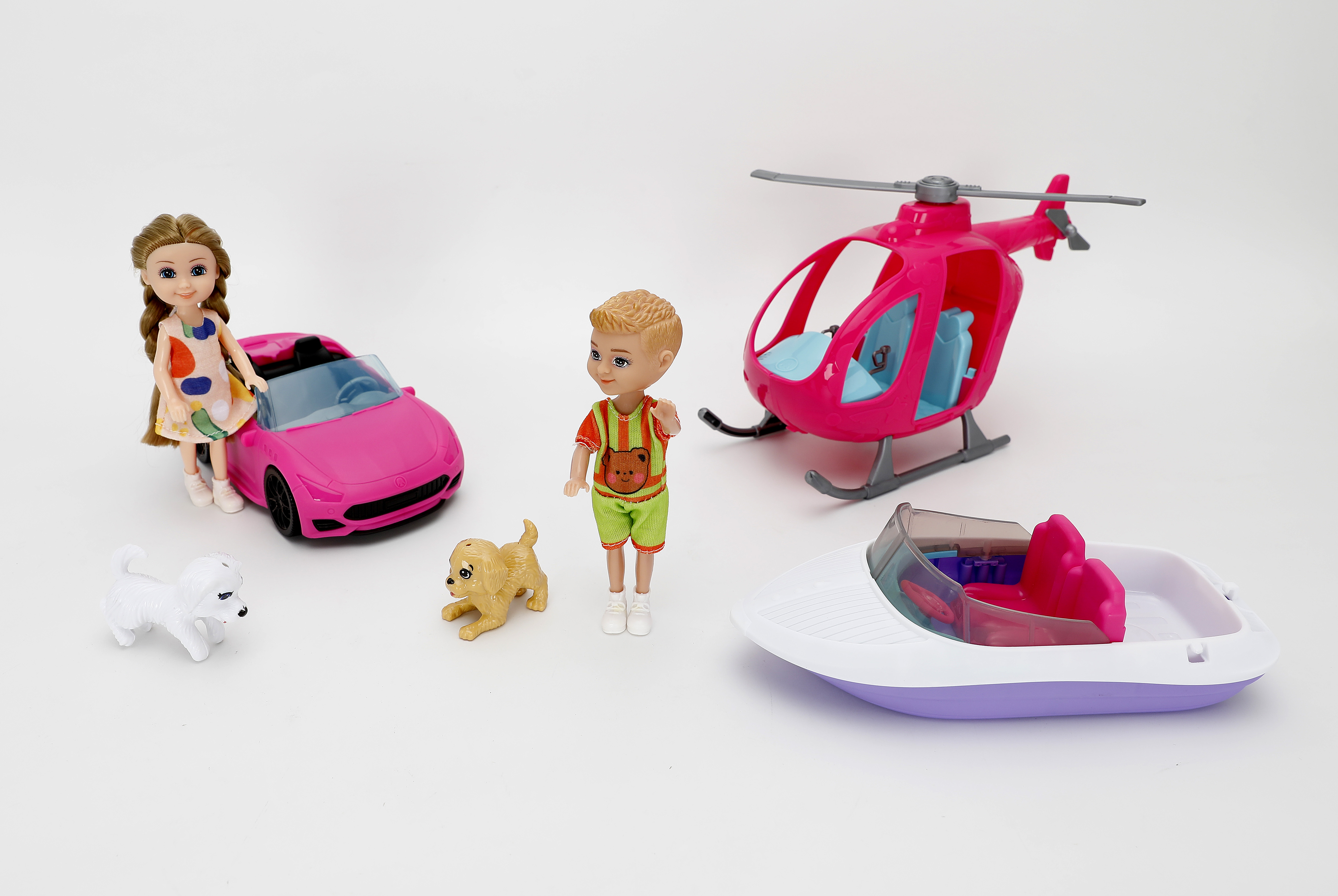 Mamido  Mamido Mini bábiky Leo a Nini s autom, loďou, vrtuľníkom a psíkmi