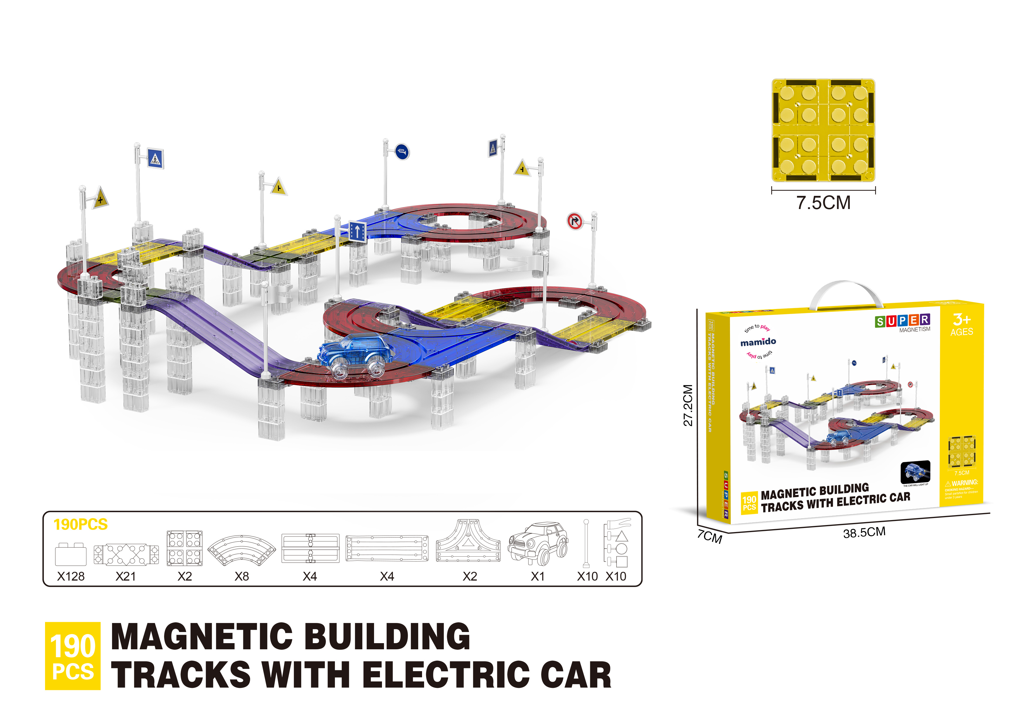 Mamido  Mamido Magnetická stavebnica pretekárska dráha s elektrickým autíčkom 190 dielikov XL MT1473