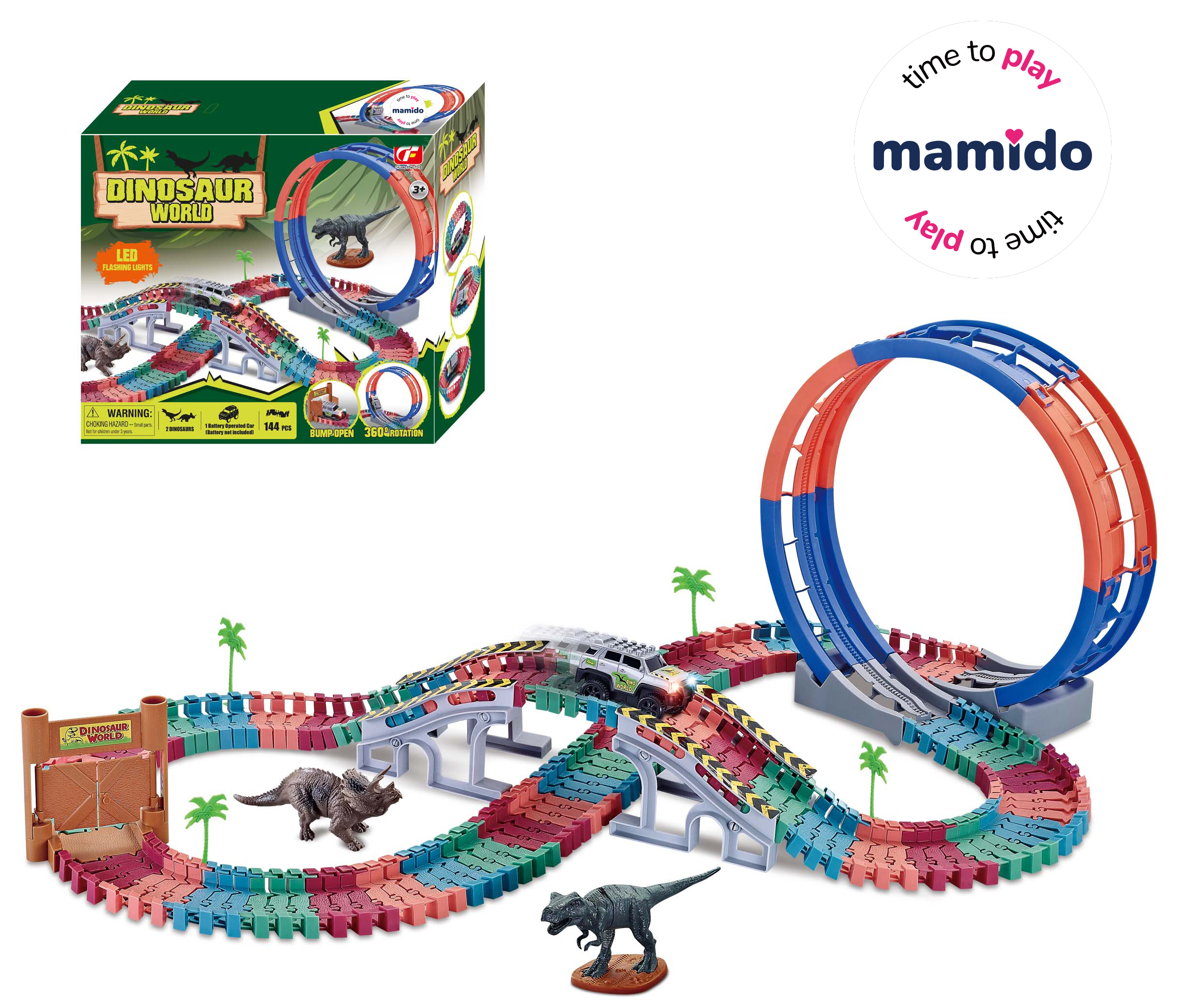 Mamido  Mamido Dinosauria dráha s veľkou slučkou a svetlami 144 dielov MT1522
