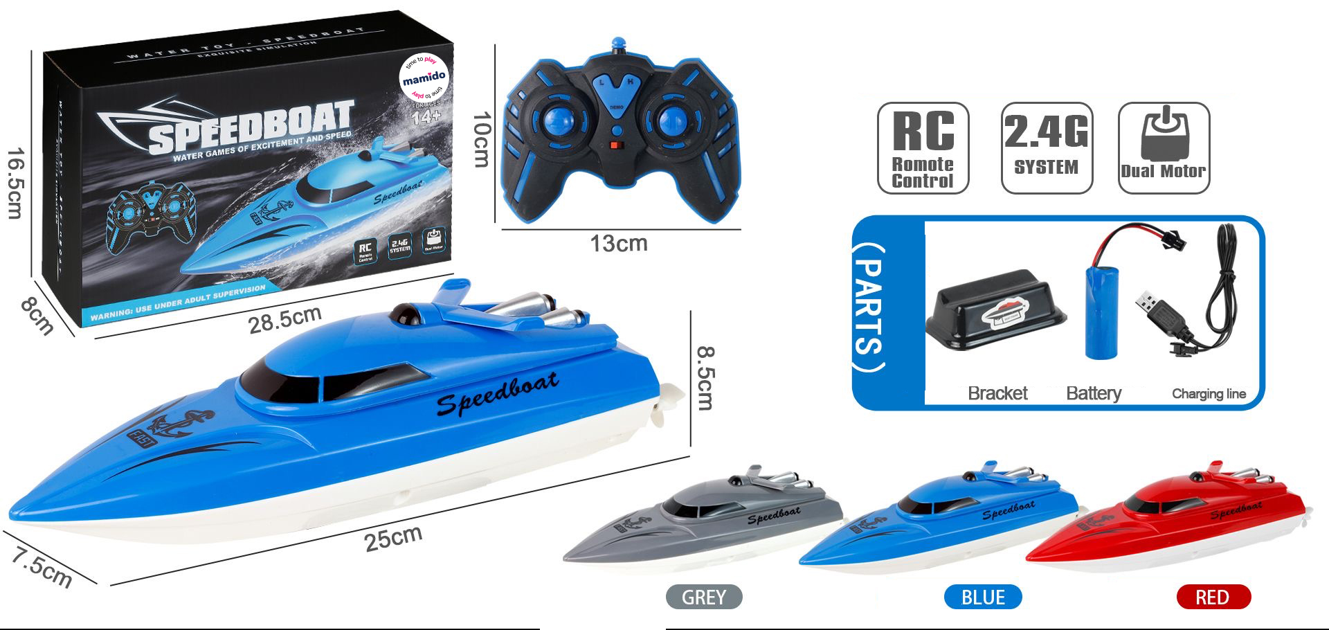 Mamido  Mamido Loď na diaľkové ovládanie 2,4 GHz rýchlostný čln modrá MT1259