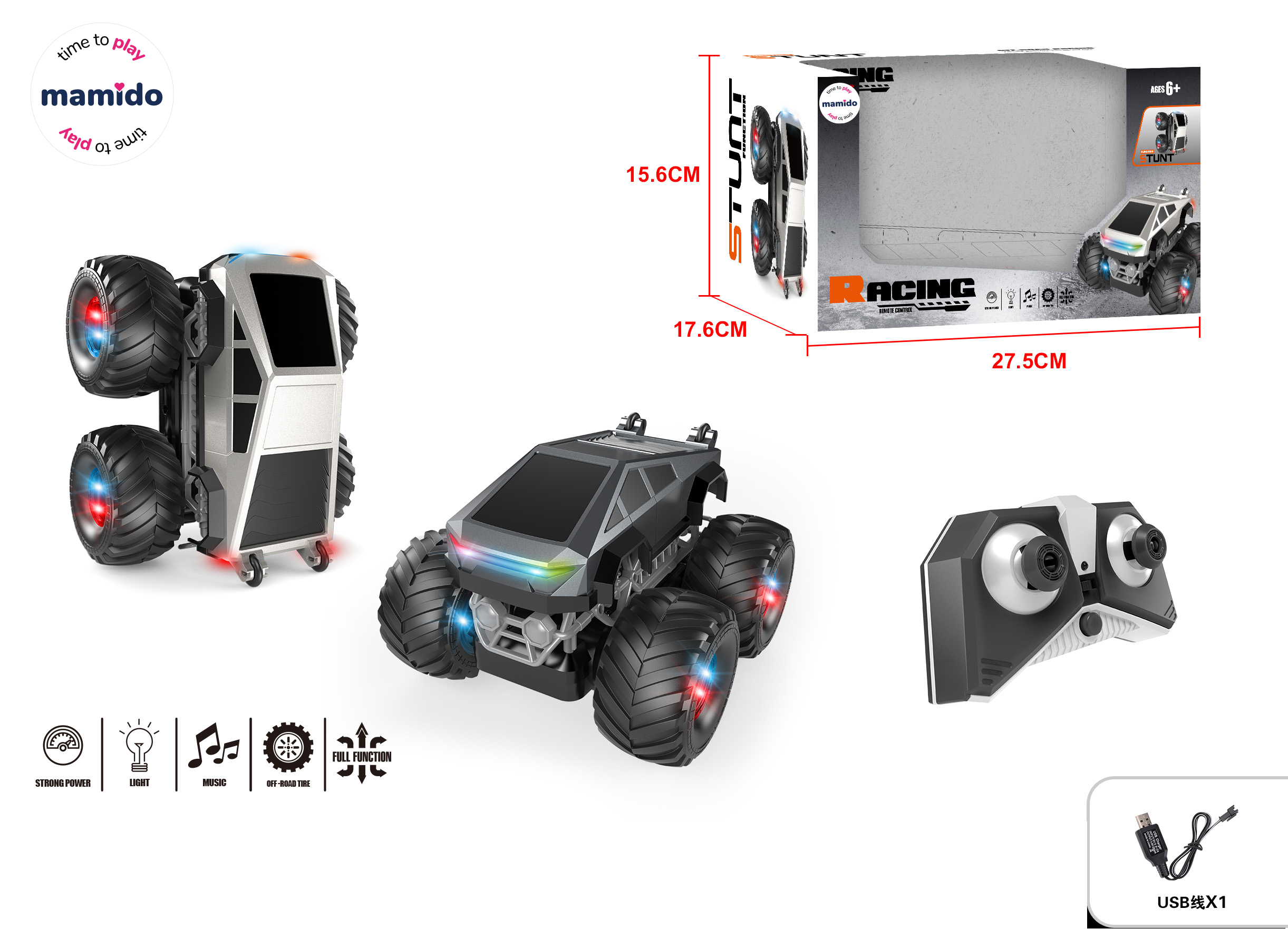 Mamido  Mamido Terénne auto na diaľkové ovládanie Stunt Truck so svetlami a hudbou sivé MT1429