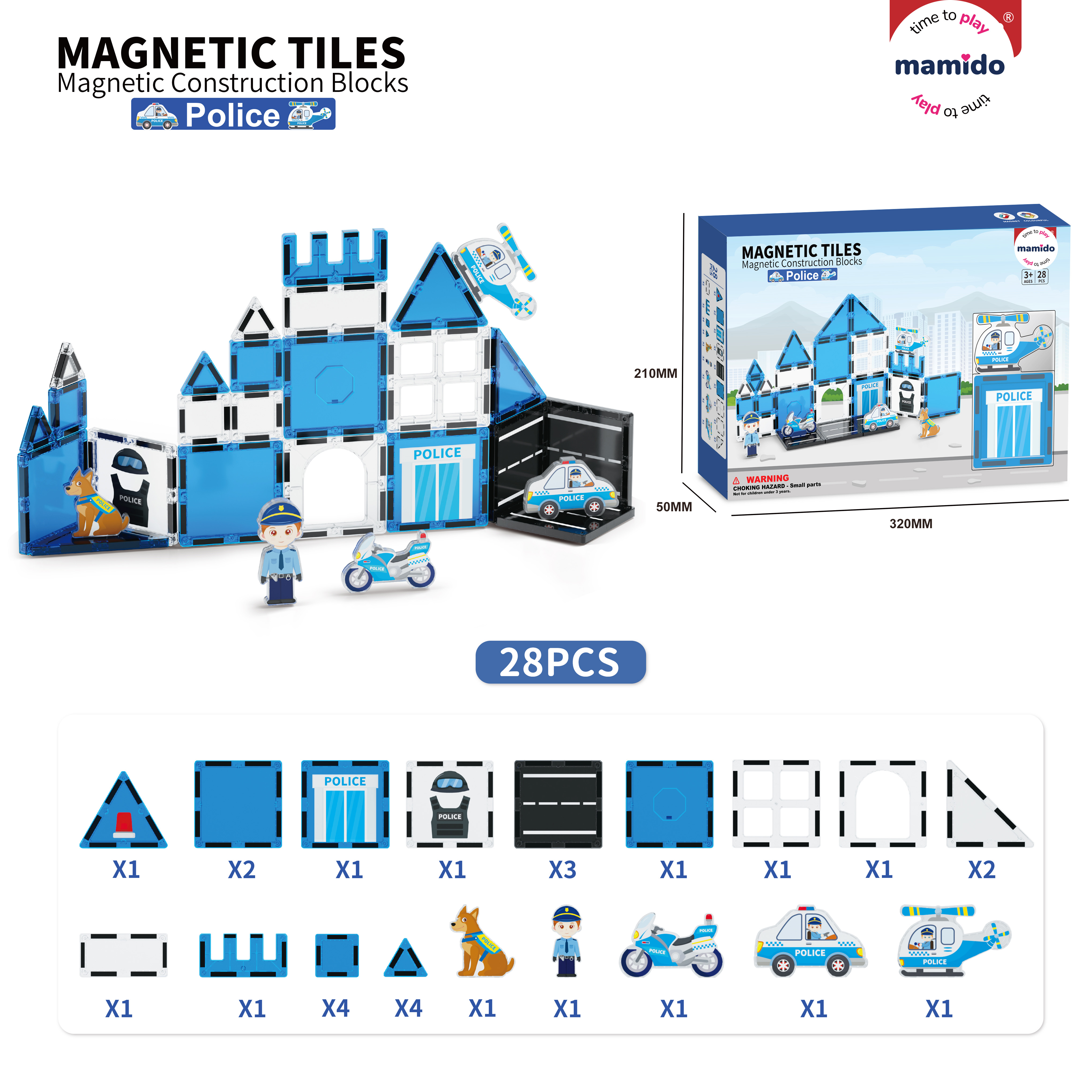 Mamido  Mamido Magnetická stavebnica polícia 28 dielov, policajná motorka, vrtuľník, auto, pes MT1479