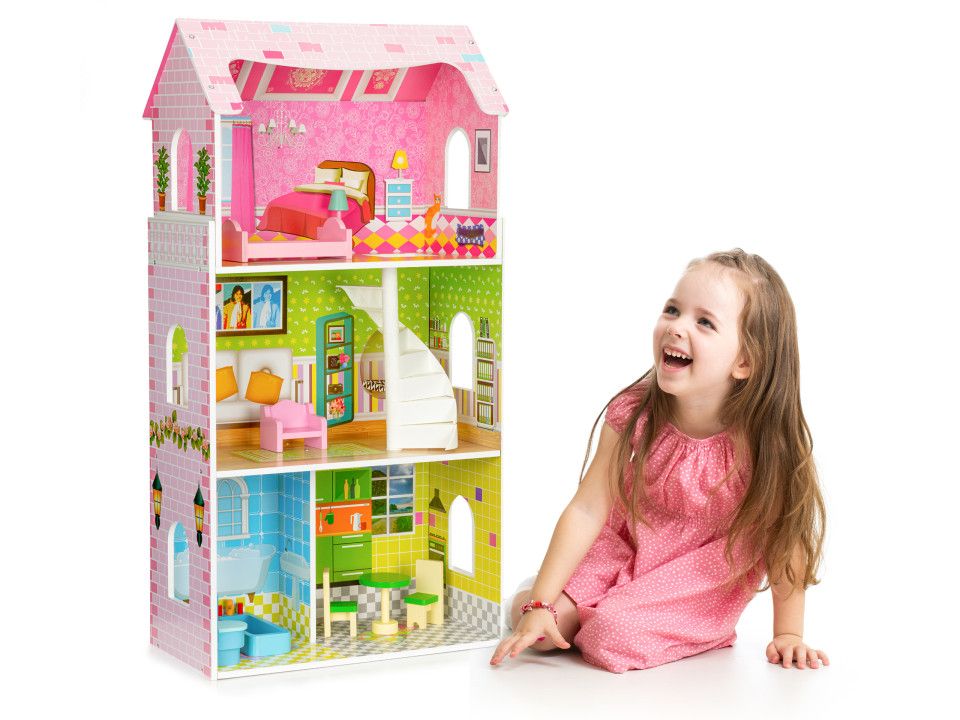 E-shop Ecotoys Ecotoys Vysoký drevený domček pre bábiky s nábytkom