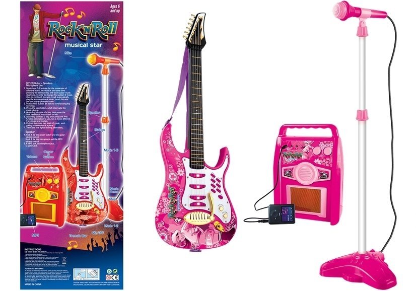 mamido Gitara s mikrofónom, struny, zosilňovač, ružová