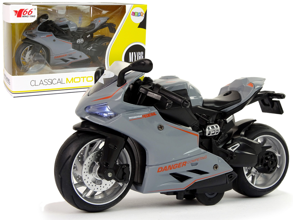 mamido Športový motocykel šedý oranžový popruhy 1:12 Drive Pull-Back Light Sound
