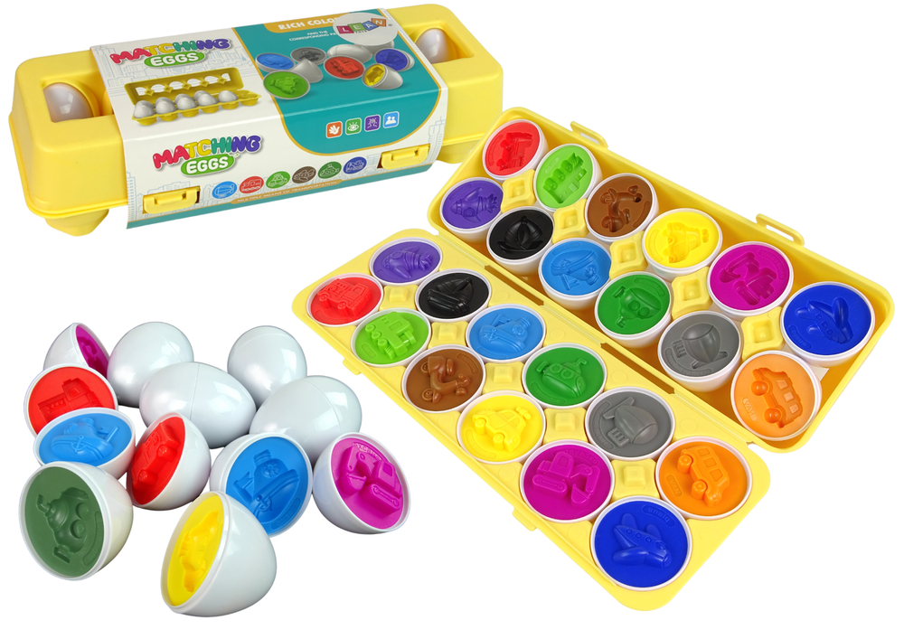 Edukačný Triedič 12 vajec Elektrické autíčko Autá Farby Puzzle Tvary