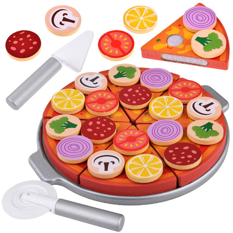 mamido Drevená pizza na krájanie 16,5 cm na suchý zips s doplnkami 27 kusov