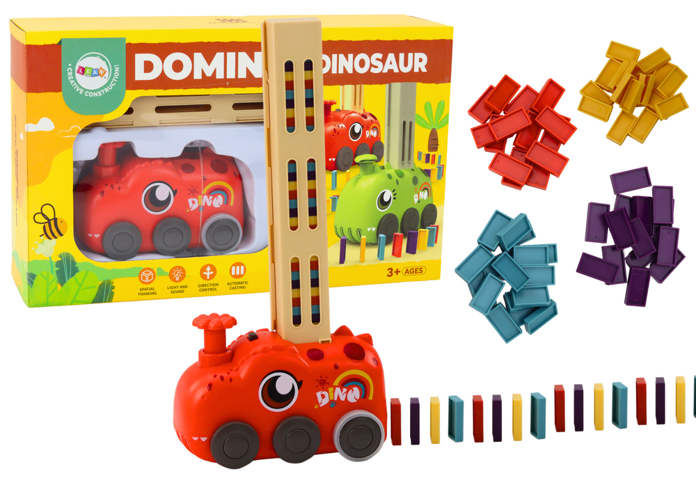 mamido Červené autíčko dinosaurus na batérie s farebným domino 4 farby kociek