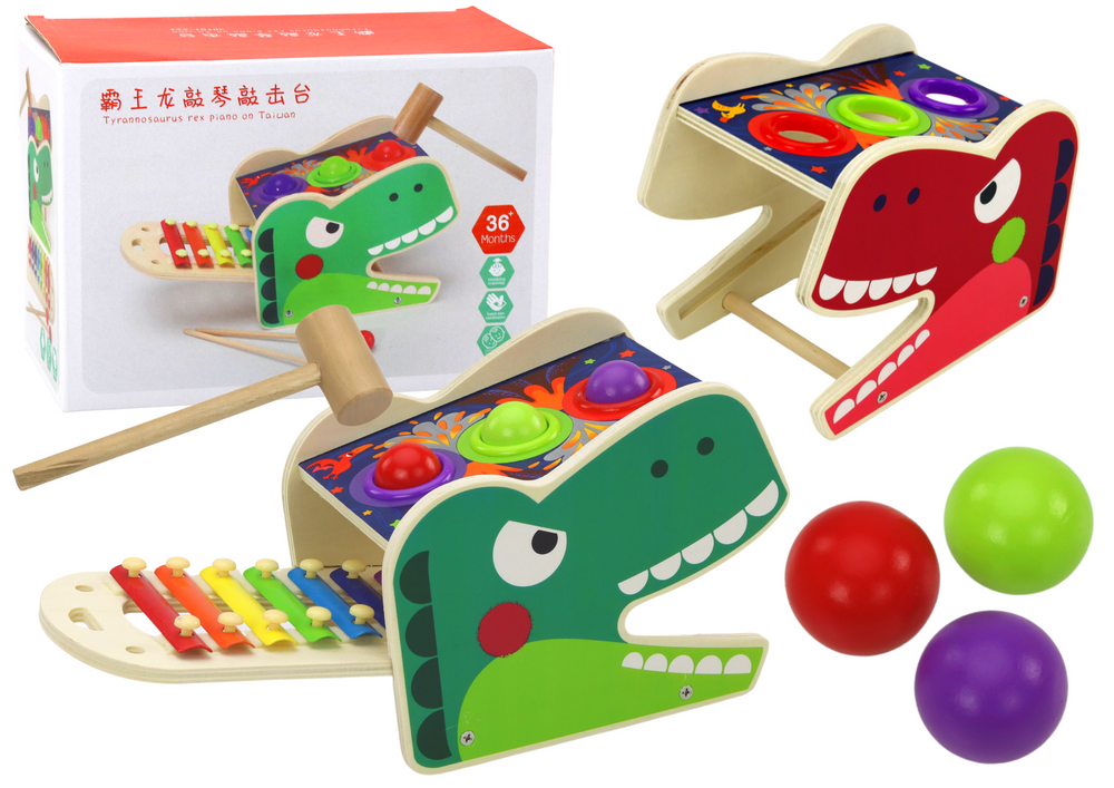 mamido Drevený červený dinosaur s kladivkom a xylofónom 2v1