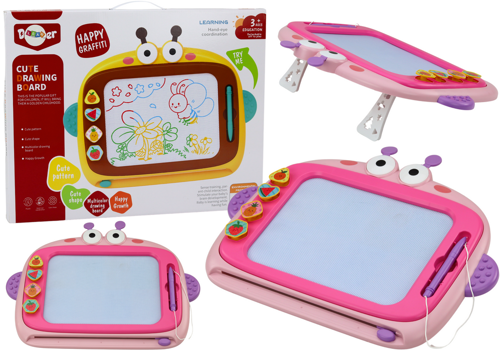 mamido  Magnetická tabuľa na kreslenie 4 farby so zmizíkom 4 pečiatky ružová